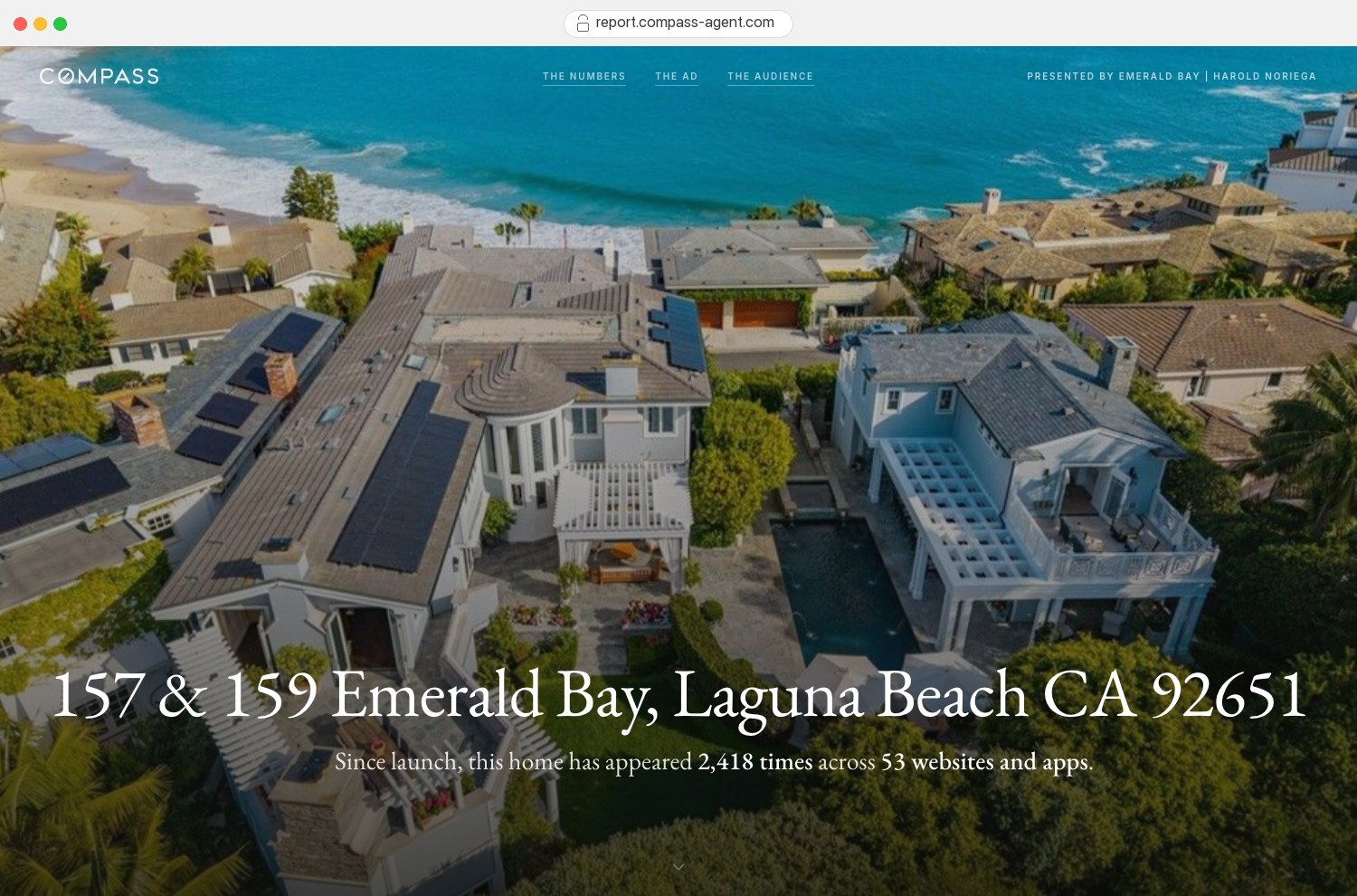 A live hugo Traffic Report for 157 and 159 Emerald Bay in Laguna Beach, open in a browser, showing the home has appeared 2,418 times across 53 websites and apps